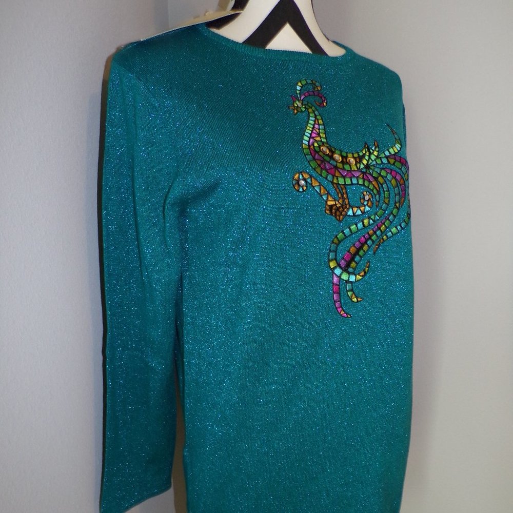 Bob Mackie Small 6/8 Teal Peacock Metallic Top - Picture 3 of 5